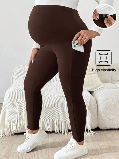 Plus Size Maternity Leggings - Adjustable Waist, Phone Pocket, Ultra High Waist, Slim Fit, Royal Blue