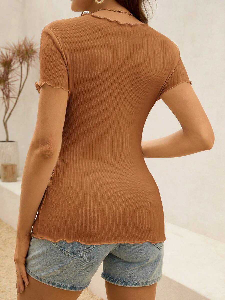 Maternity T-Shirt - Summer White Ribbed Lettuce-Edge Form-Fitting Short Sleeve, Soft Stretch