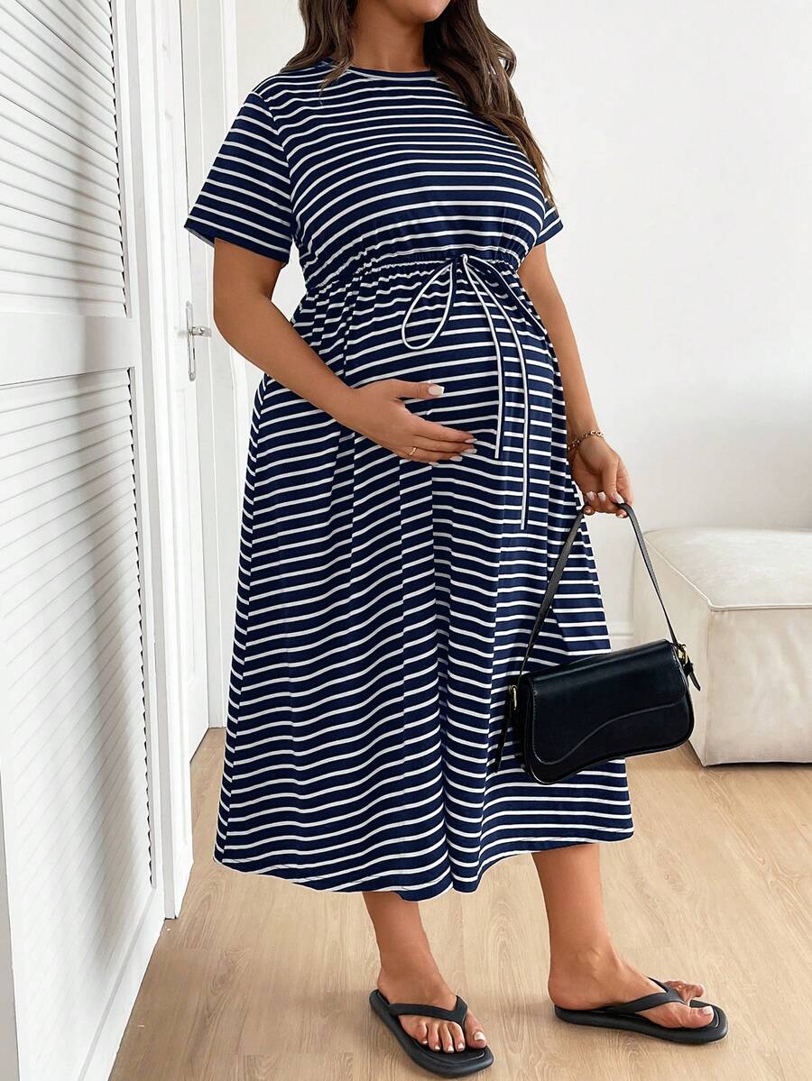 Plus Size Maternity Striped Midi Dress - Round Neck, Short Sleeve, Drawstring, High Waist, Black