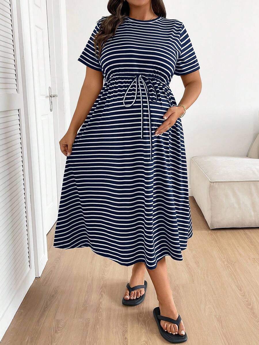 Plus Size Maternity Striped Midi Dress - Round Neck, Short Sleeve, Drawstring, High Waist, Black