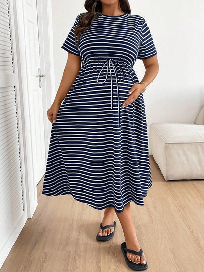 Plus Size Maternity Striped Midi Dress - Round Neck, Short Sleeve, Drawstring, High Waist, Black