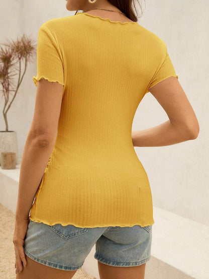Maternity T-Shirt - Summer White Ribbed Lettuce-Edge Form-Fitting Short Sleeve, Soft Stretch
