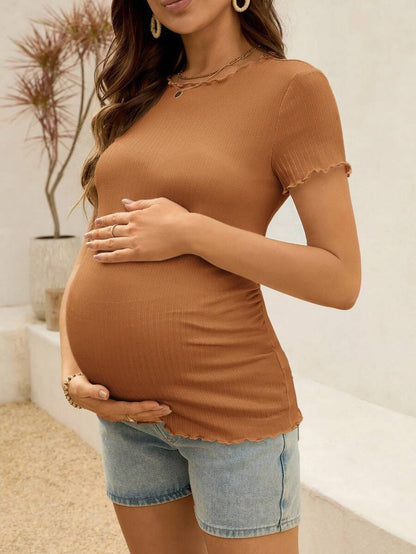 Maternity White Ribbed Summer Top - Lettuce-Edge Form-Fitting Short Sleeve