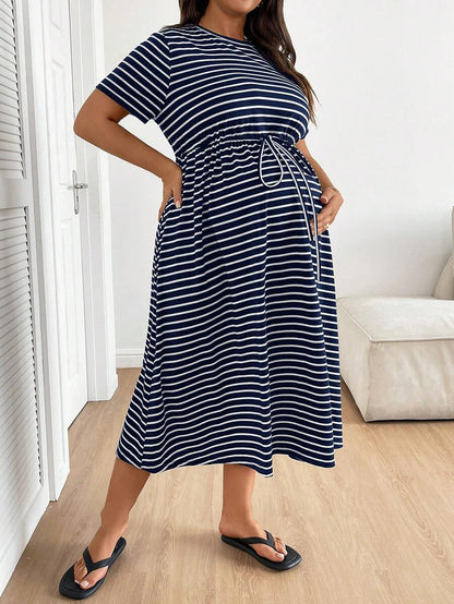 Plus Size Maternity Striped Midi Dress - Round Neck, Short Sleeve, Drawstring, High Waist, Black