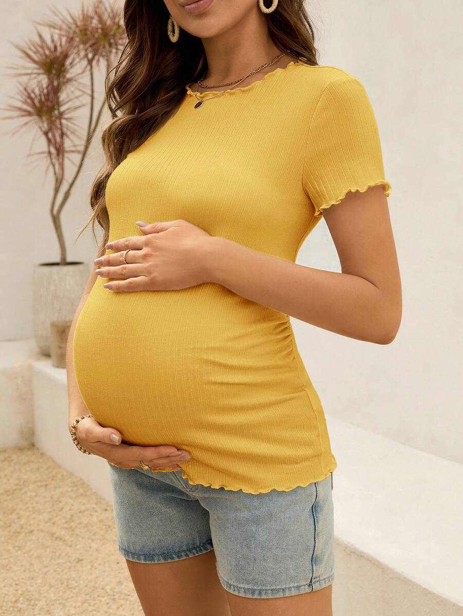 Maternity White Ribbed Summer Top - Lettuce-Edge Form-Fitting Short Sleeve