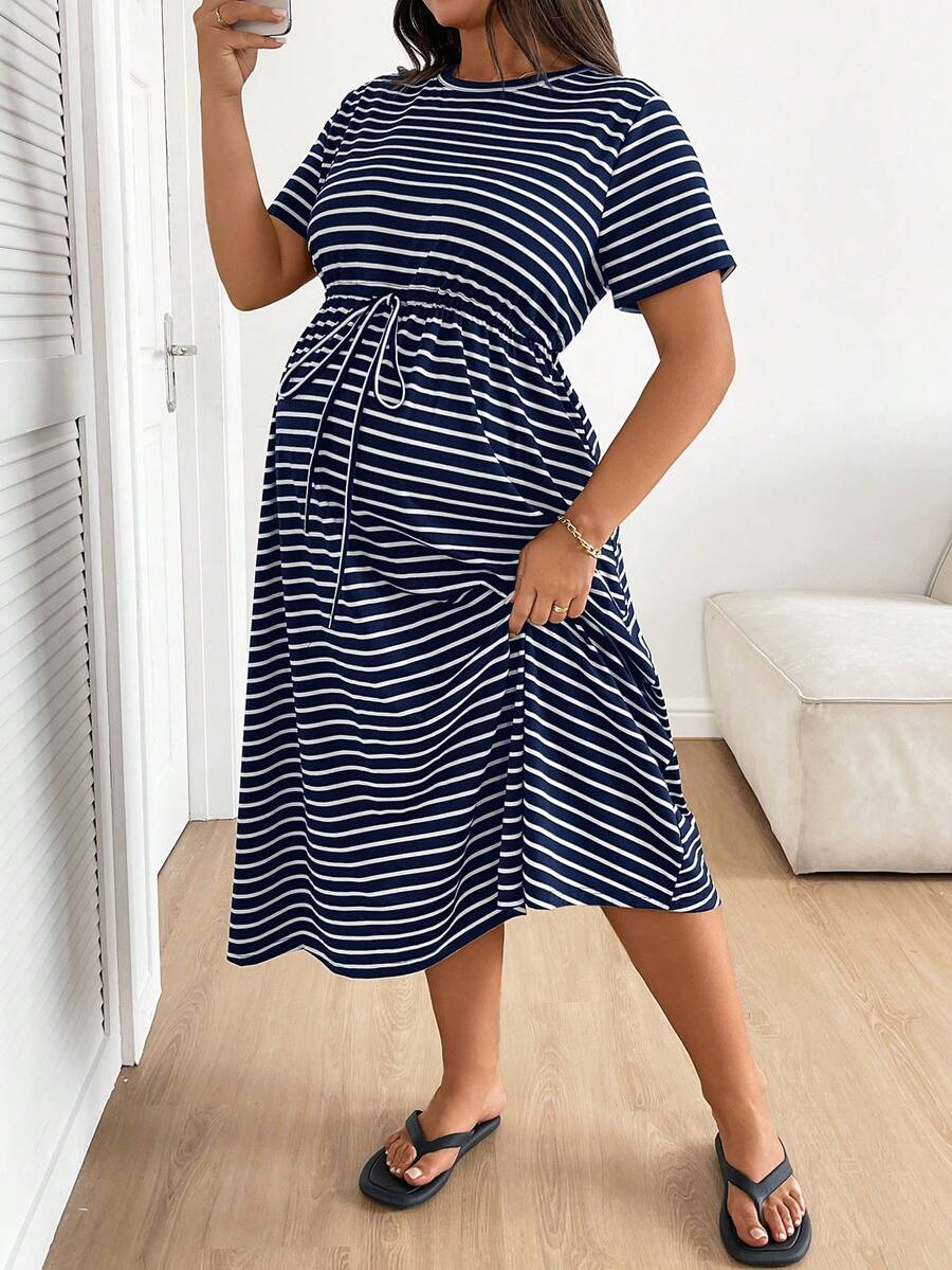 Plus Size Maternity Striped Midi Dress - Round Neck, Short Sleeve, Drawstring, High Waist, Black