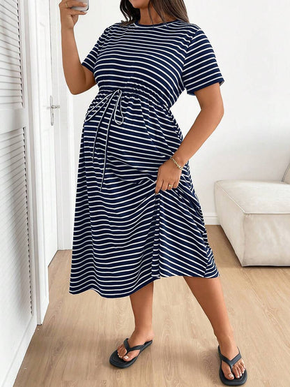 Plus Size Maternity Striped Midi Dress - Round Neck, Short Sleeve, Drawstring, High Waist, Black