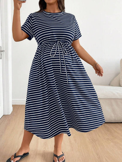 Plus Size Maternity Striped Midi Dress - Round Neck, Short Sleeve, Drawstring, High Waist, Black