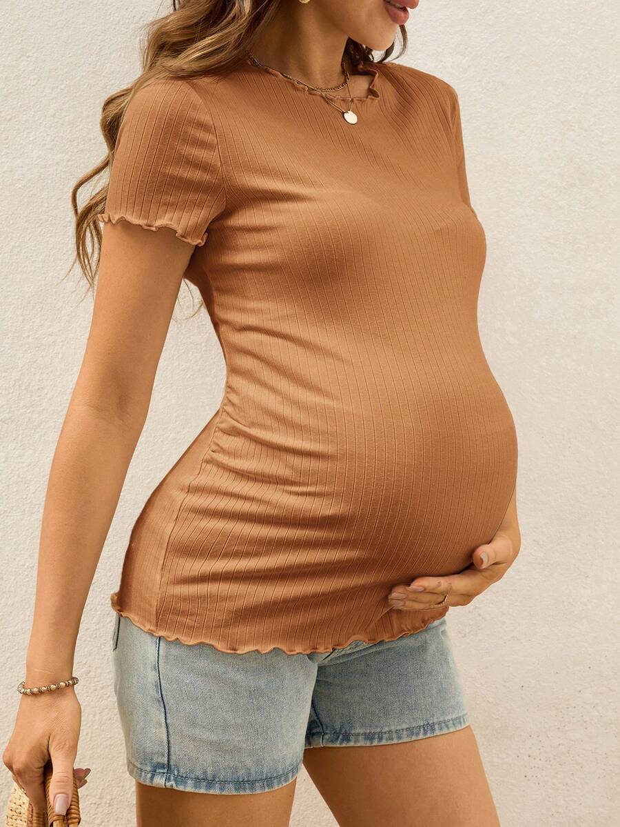 Maternity T-Shirt - Summer White Ribbed Lettuce-Edge Form-Fitting Short Sleeve, Soft Stretch