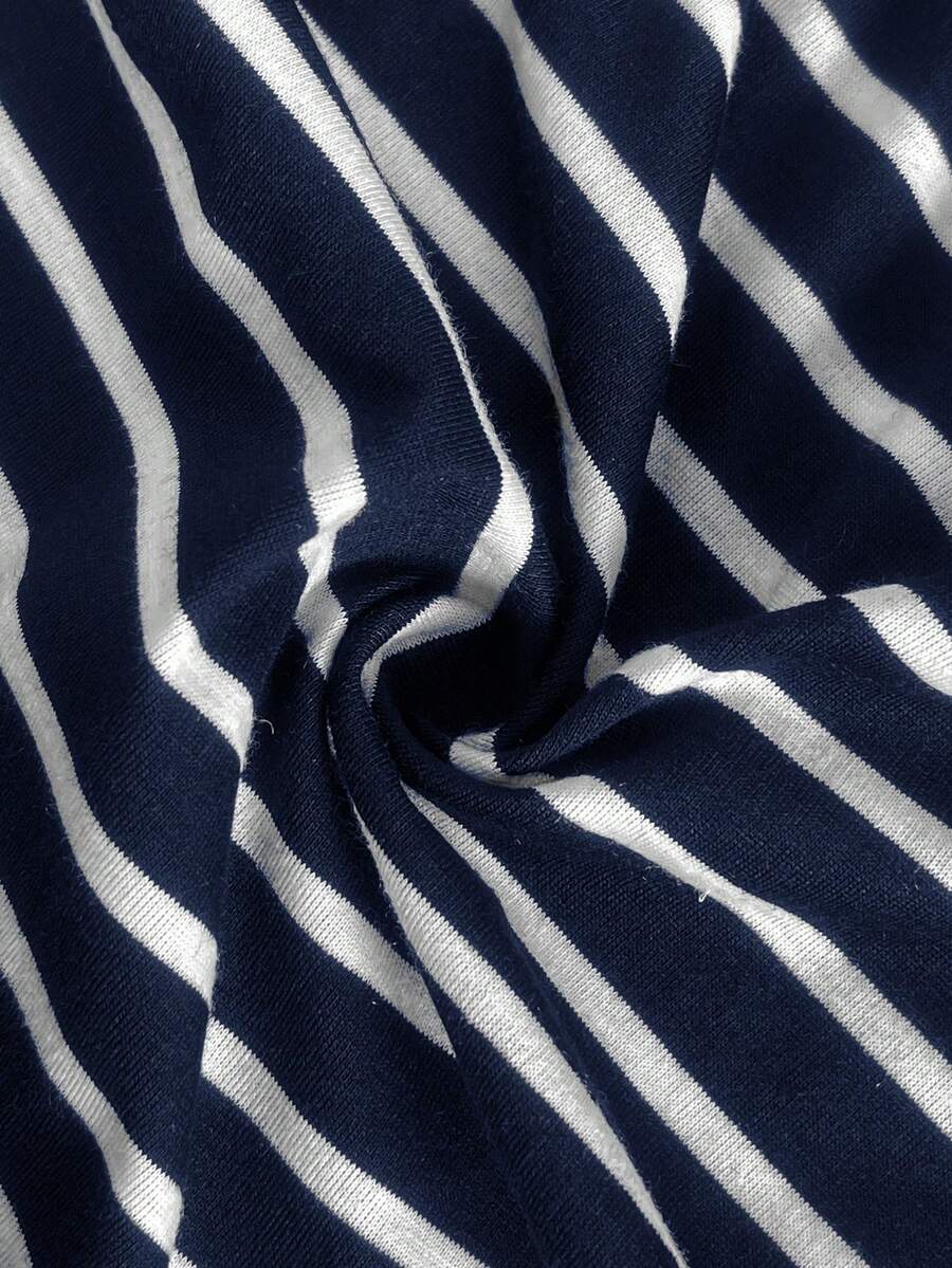 Plus Size Maternity Striped Midi Dress - Round Neck, Short Sleeve, Drawstring, High Waist, Black