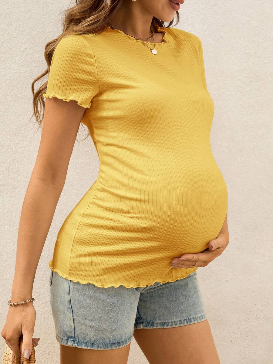 Maternity T-Shirt - Summer White Ribbed Lettuce-Edge Form-Fitting Short Sleeve, Soft Stretch
