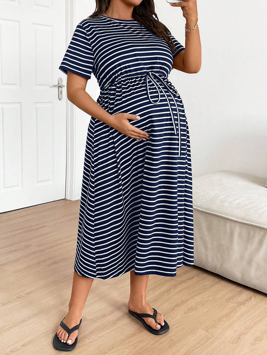 Plus Size Maternity Striped Midi Dress - Round Neck, Short Sleeve, Drawstring, High Waist, Black