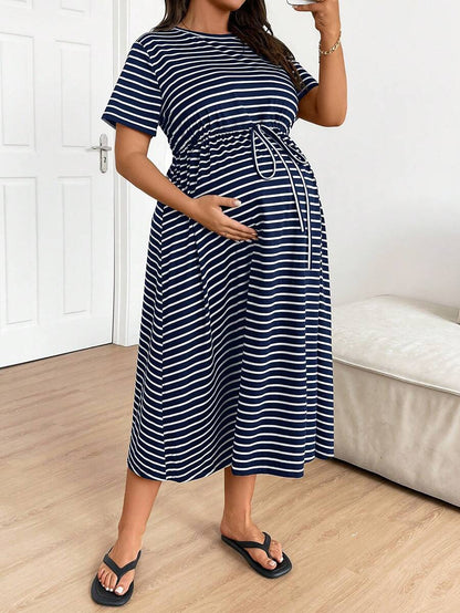 Plus Size Maternity Striped Midi Dress - Round Neck, Short Sleeve, Drawstring, High Waist, Black