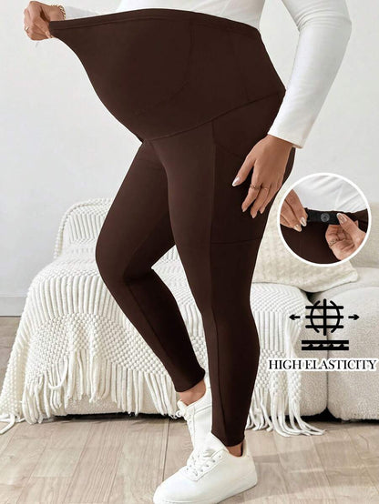 Plus Size Maternity Leggings - Adjustable Waist, Phone Pocket, Ultra High Waist, Slim Fit, Royal Blue