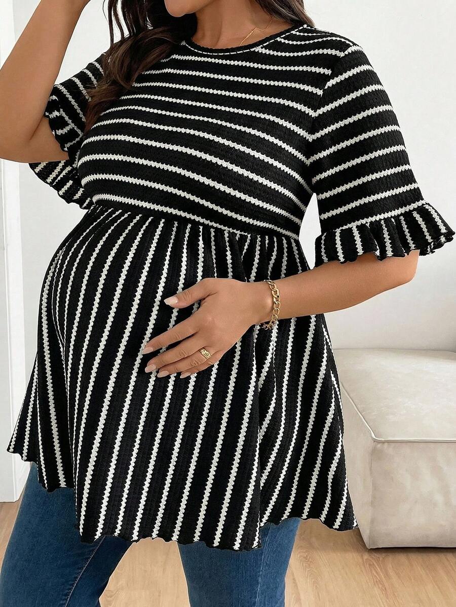 Plus Size Maternity Striped Top - Round Neck, Flounce Long Sleeve, Ruched, Loose Fit, Red and White