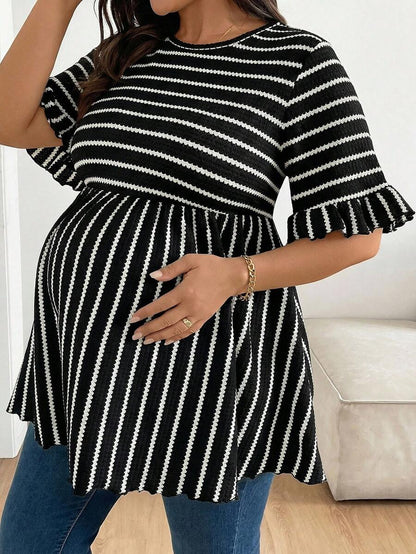 Plus Size Maternity Striped Top - Round Neck, Flounce Long Sleeve, Ruched, Loose Fit, Red and White