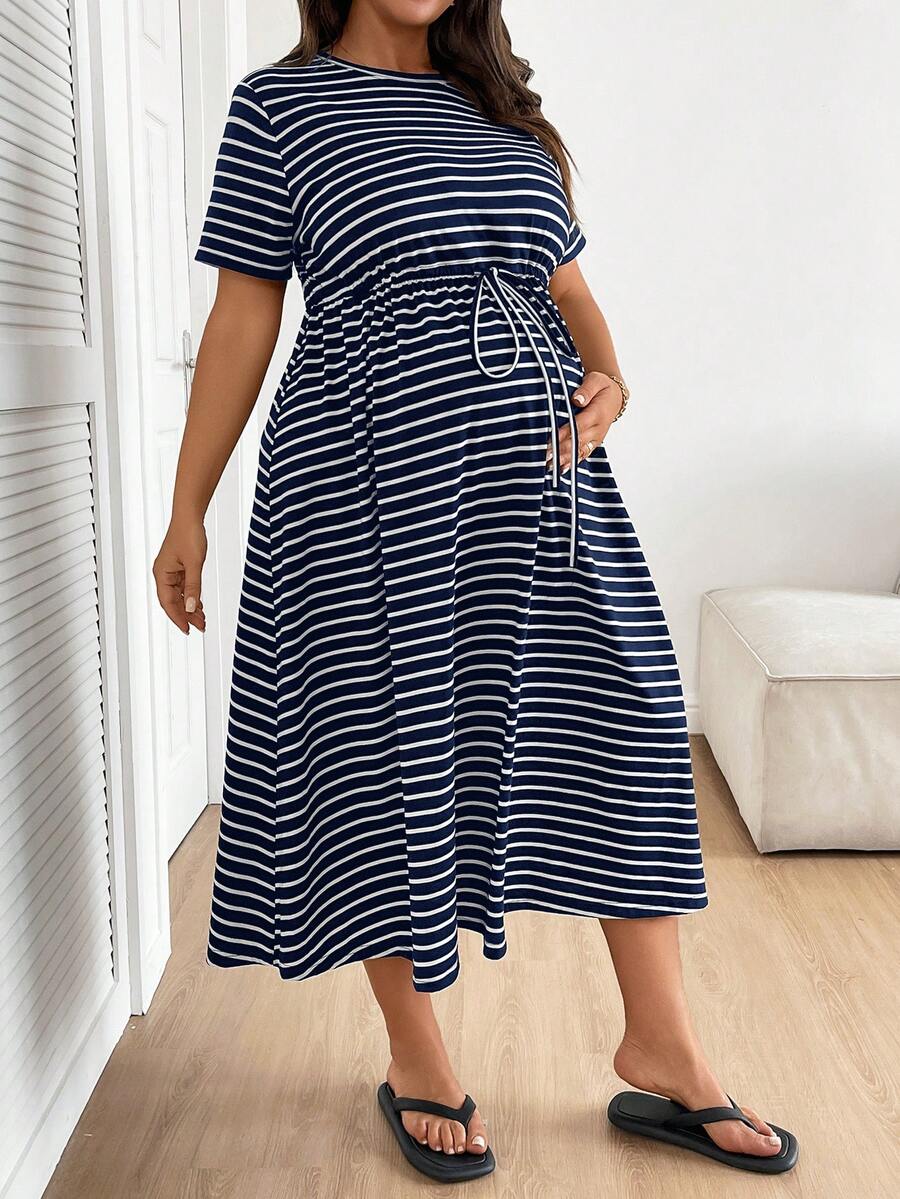 Plus Size Maternity Striped Midi Dress - Round Neck, Short Sleeve, Drawstring, High Waist, Black