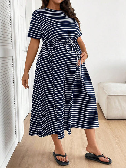 Plus Size Maternity Striped Midi Dress - Round Neck, Short Sleeve, Drawstring, High Waist, Black