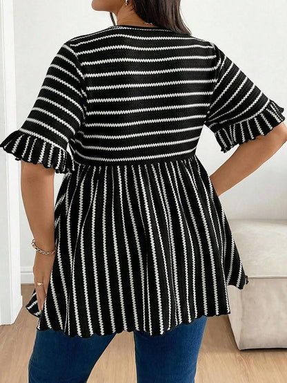 Plus Size Maternity Striped Top - Round Neck, Flounce Long Sleeve, Ruched, Loose Fit, Red and White
