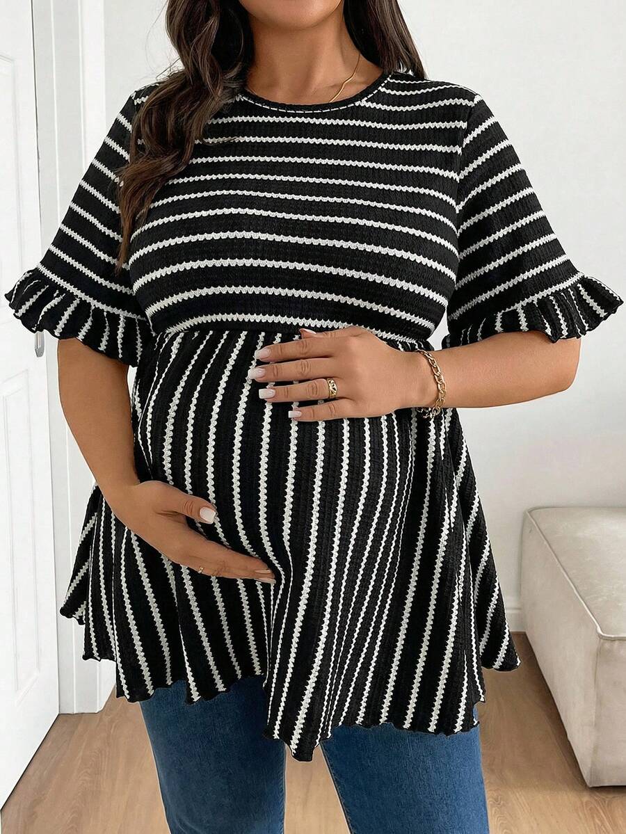 Plus Size Maternity Striped Top - Round Neck, Flounce Long Sleeve, Ruched, Loose Fit, Red and White