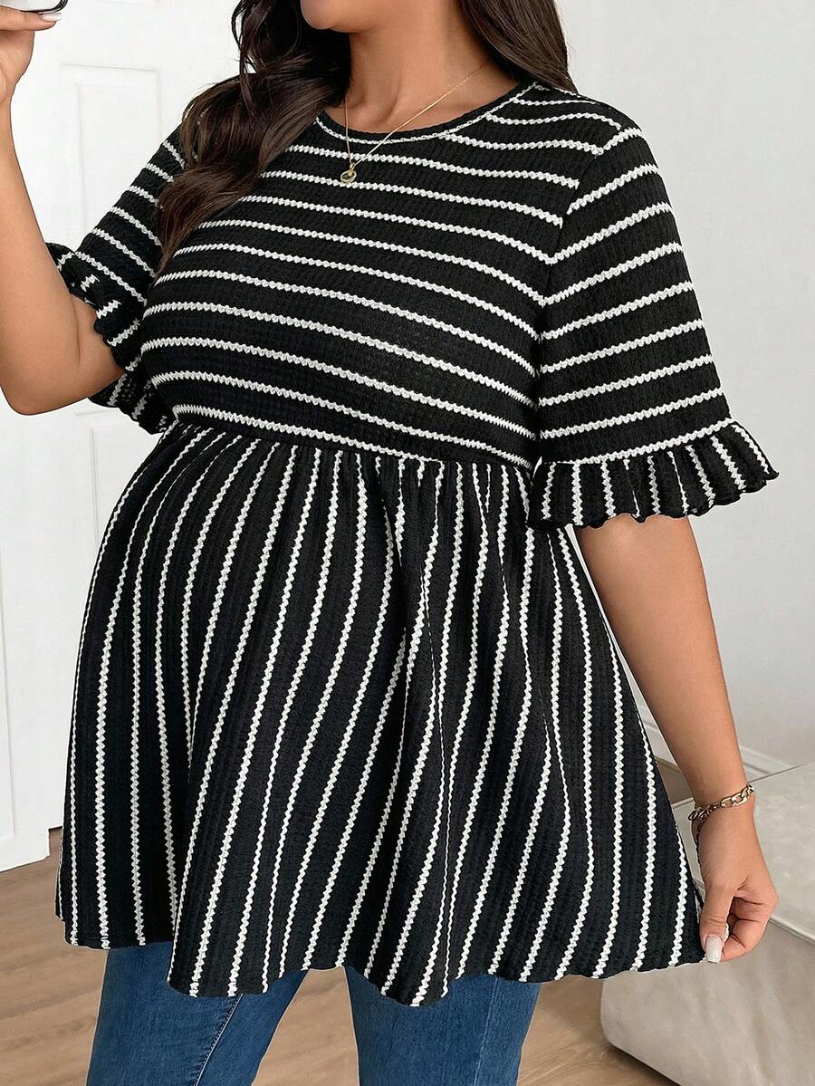 Plus Size Maternity Striped Top - Round Neck, Flounce Long Sleeve, Ruched, Loose Fit, Red and White
