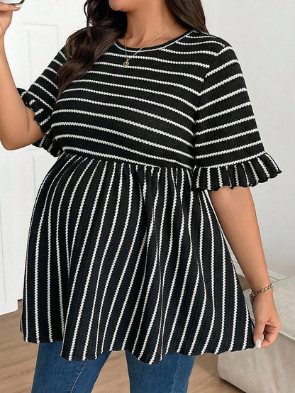 Plus Size Maternity Striped Top - Round Neck, Flounce Long Sleeve, Ruched, Loose Fit, Red and White