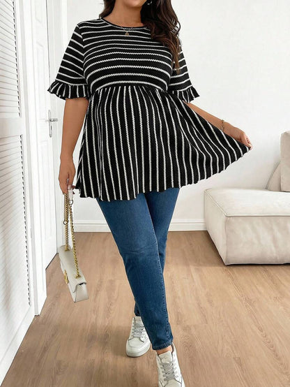 Plus Size Maternity Striped Top - Round Neck, Flounce Long Sleeve, Ruched, Loose Fit, Red and White