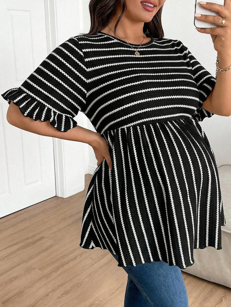 Plus Size Maternity Striped Top - Round Neck, Flounce Long Sleeve, Ruched, Loose Fit, Red and White