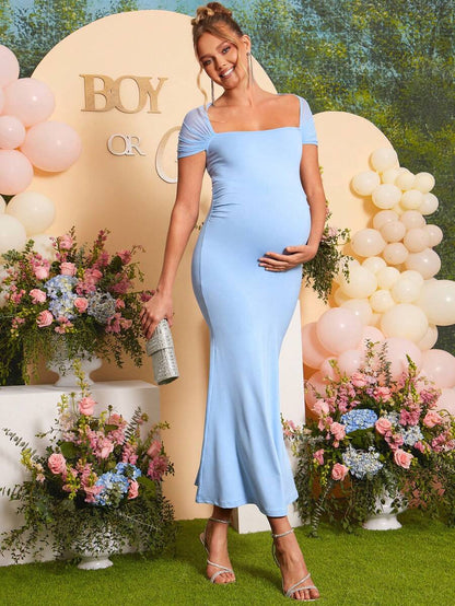 Maternity Square Neck Mesh Patchwork Fitted Dress - Elegant Solid Color Long Sleeve Gown for Baby Shower, Gender Reveal & Wedding Guest
