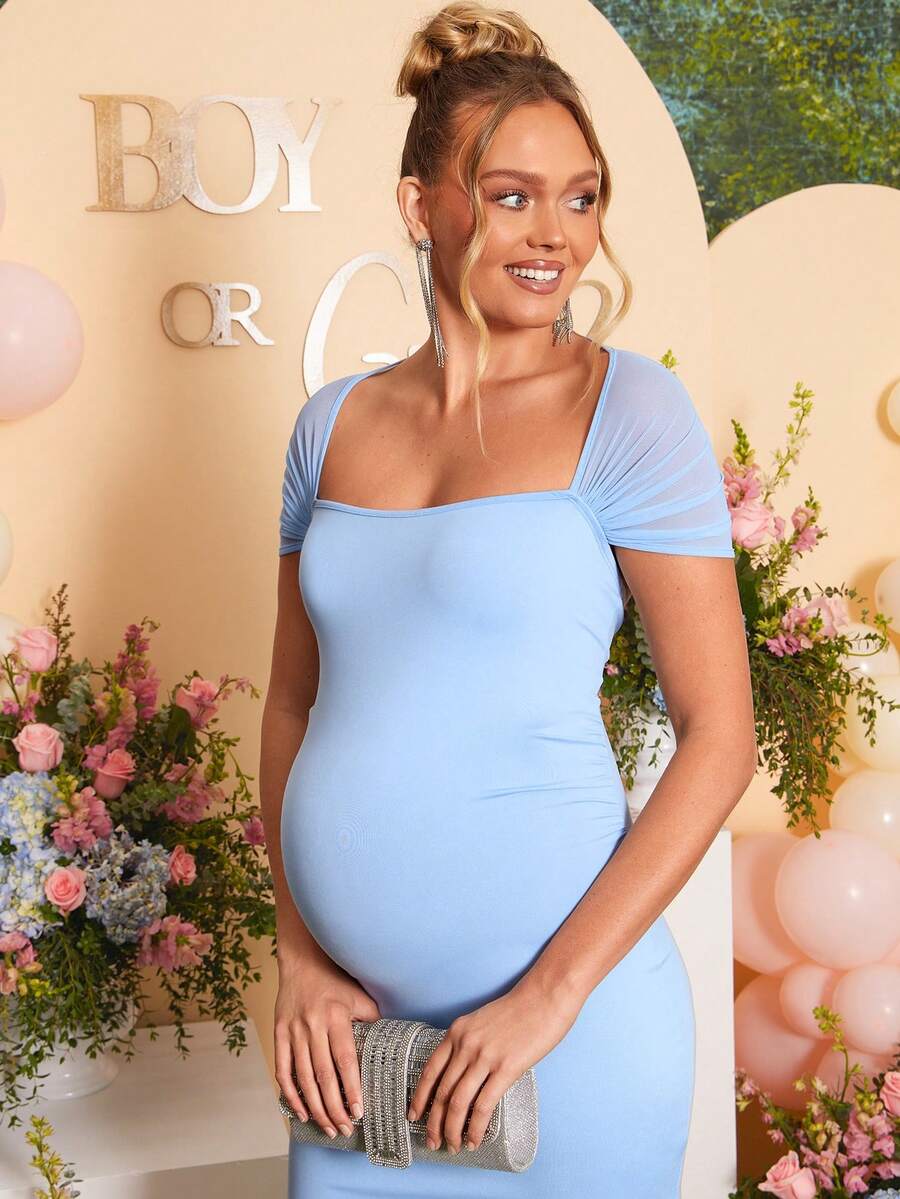 Maternity Square Neck Mesh Patchwork Fitted Dress - Elegant Solid Color Long Sleeve Gown for Baby Shower, Gender Reveal & Wedding Guest