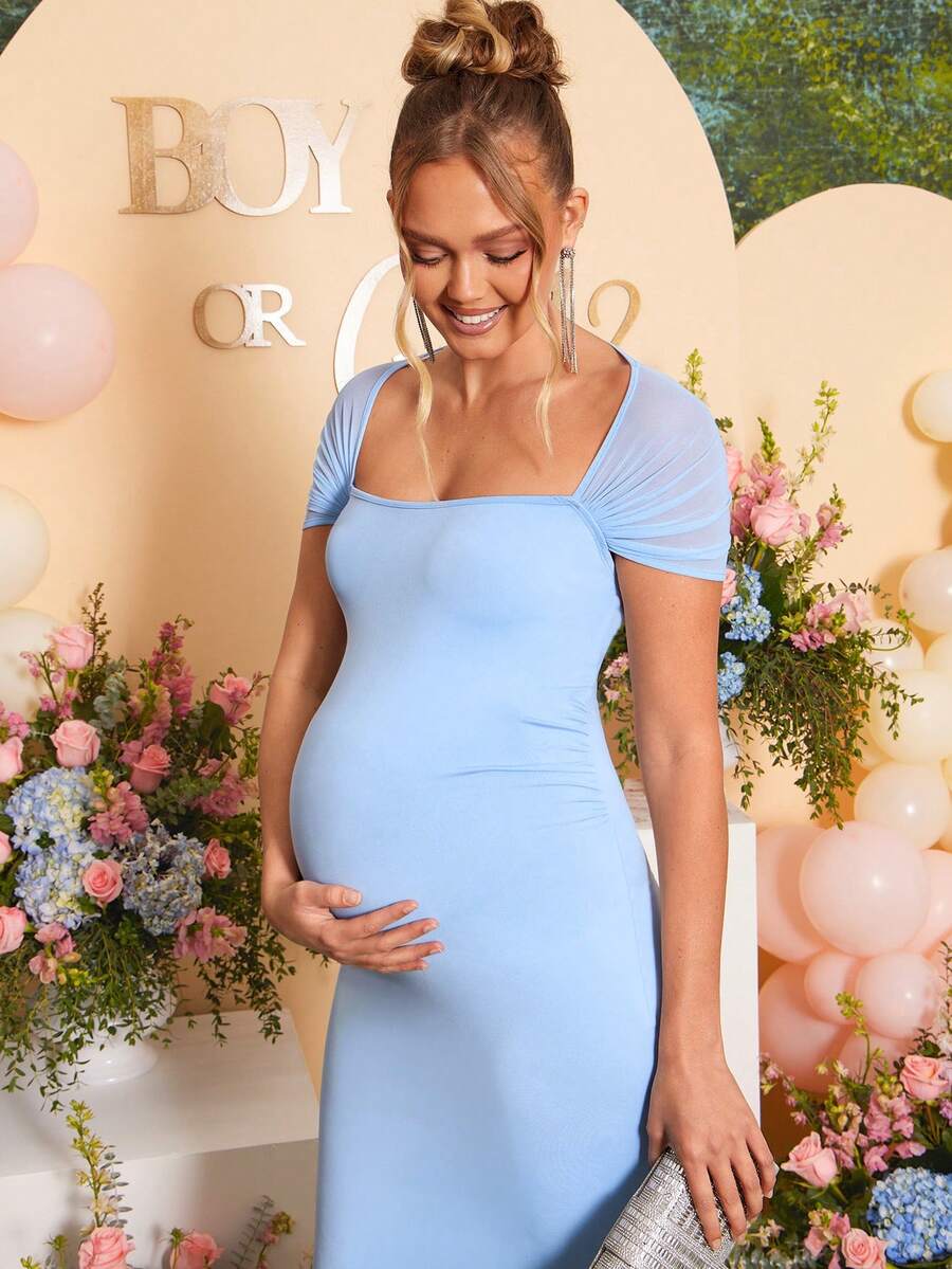 Maternity Square Neck Mesh Patchwork Fitted Dress - Elegant Solid Color Long Sleeve Gown for Baby Shower, Gender Reveal & Wedding Guest