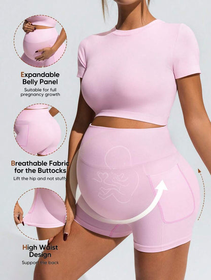 Baby Blue Maternity Sports Set - Micro Crop Short Sleeve T-Shirt and High Waist Double Waistband Shorts - High Stretch Slim Fit Athletic Wear