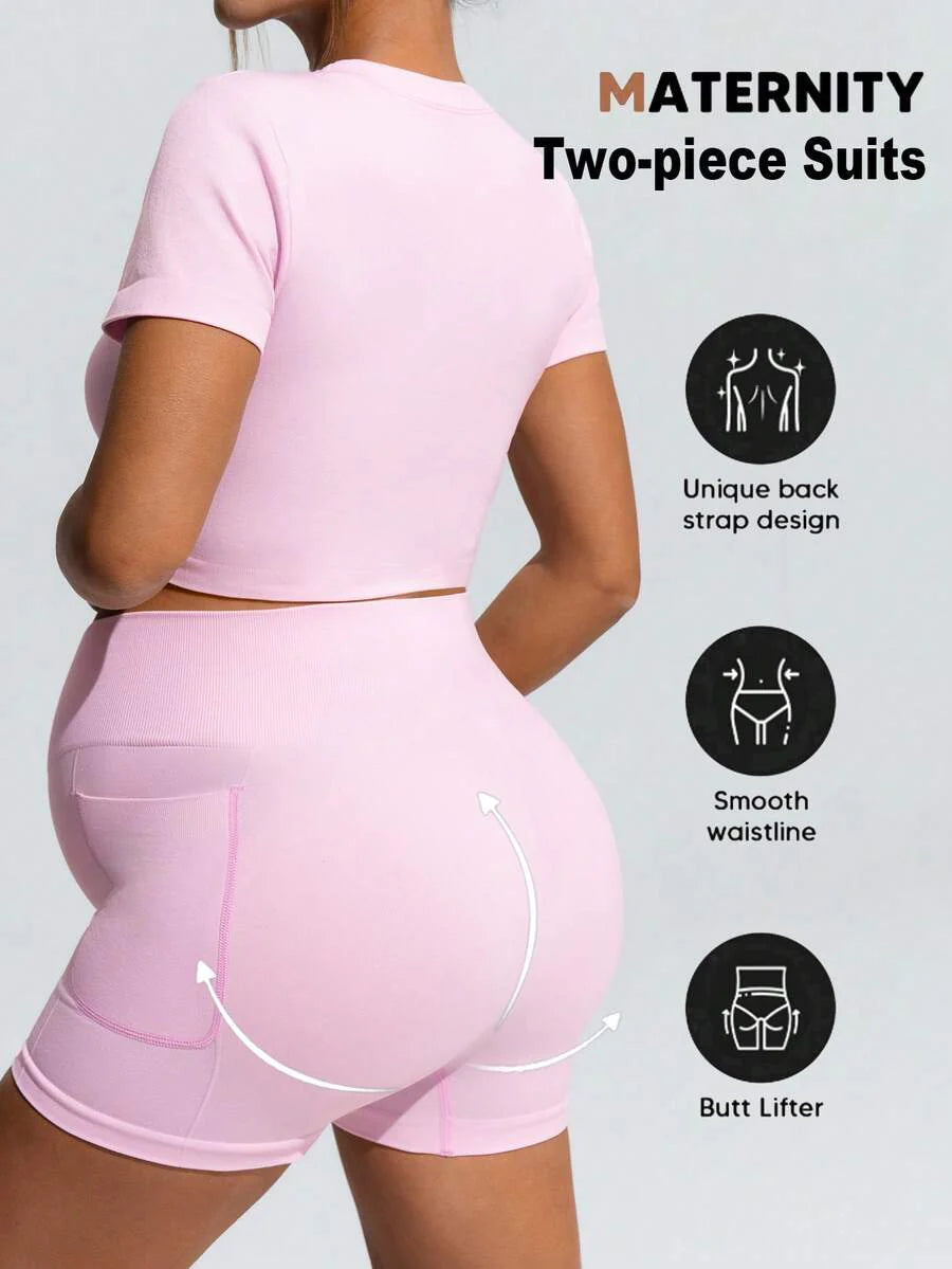 Baby Blue Maternity Sports Set - Micro Crop Short Sleeve T-Shirt and High Waist Double Waistband Shorts - High Stretch Slim Fit Athletic Wear