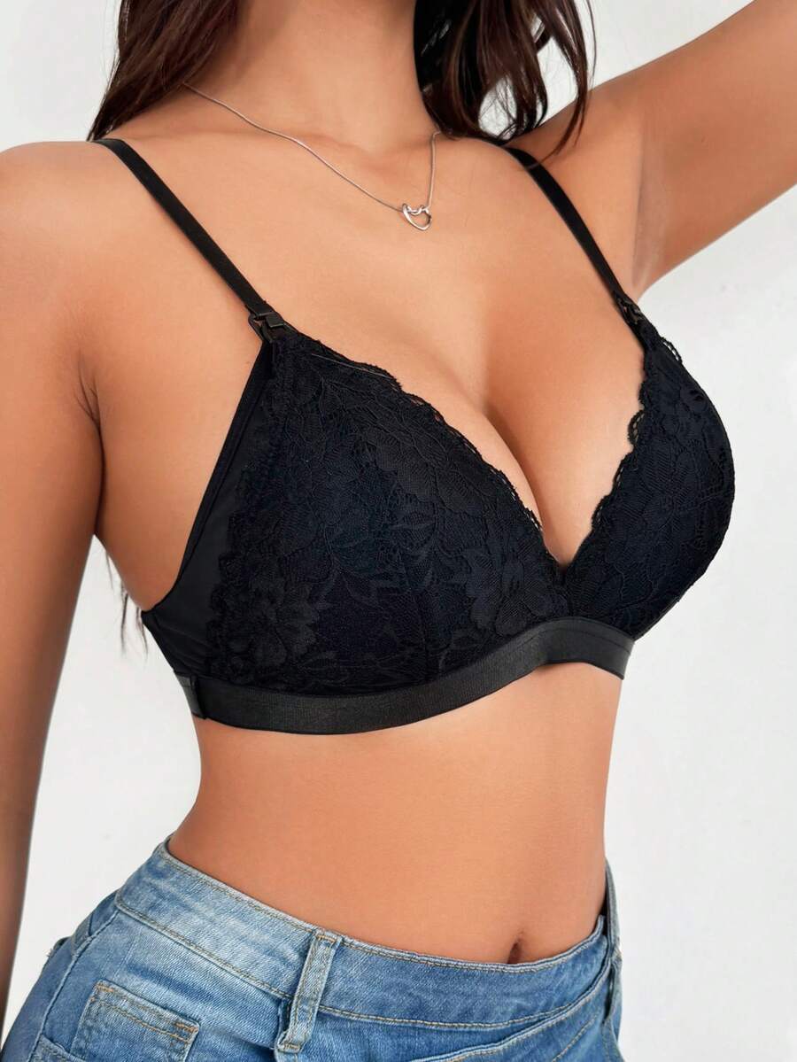 Maternity Black Lace Nursing Bra - Wireless Soft Knit Comfort Bralette with Adjustable Straps and Medium Stretch