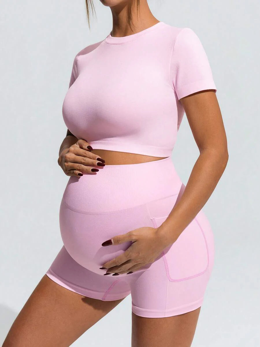Maternity Sports Set - Round Neck Cropped Tee and Shorts, Black