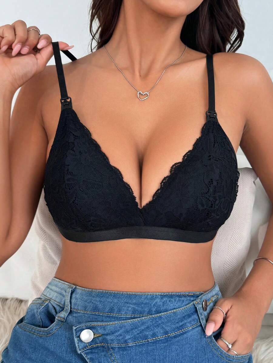 Maternity Black Lace Nursing Bra - Wireless Soft Knit Comfort Bralette with Adjustable Straps and Medium Stretch