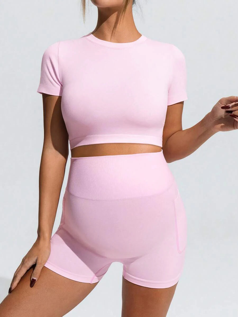 Baby Blue Maternity Sports Set - Micro Crop Short Sleeve T-Shirt and High Waist Double Waistband Shorts - High Stretch Slim Fit Athletic Wear