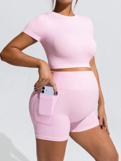 Baby Blue Maternity Sports Set - Micro Crop Short Sleeve T-Shirt and High Waist Double Waistband Shorts - High Stretch Slim Fit Athletic Wear