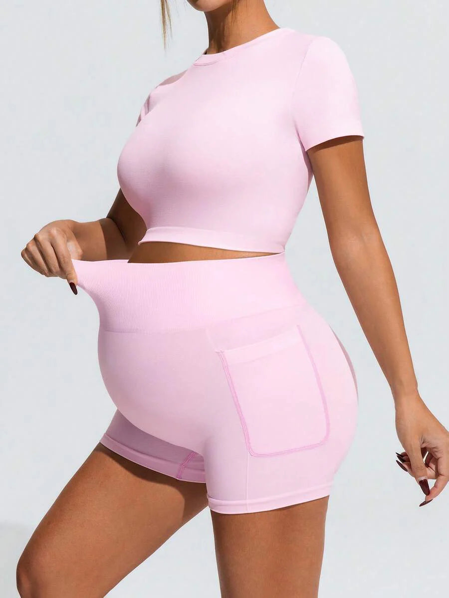 Baby Blue Maternity Sports Set - Micro Crop Short Sleeve T-Shirt and High Waist Double Waistband Shorts - High Stretch Slim Fit Athletic Wear