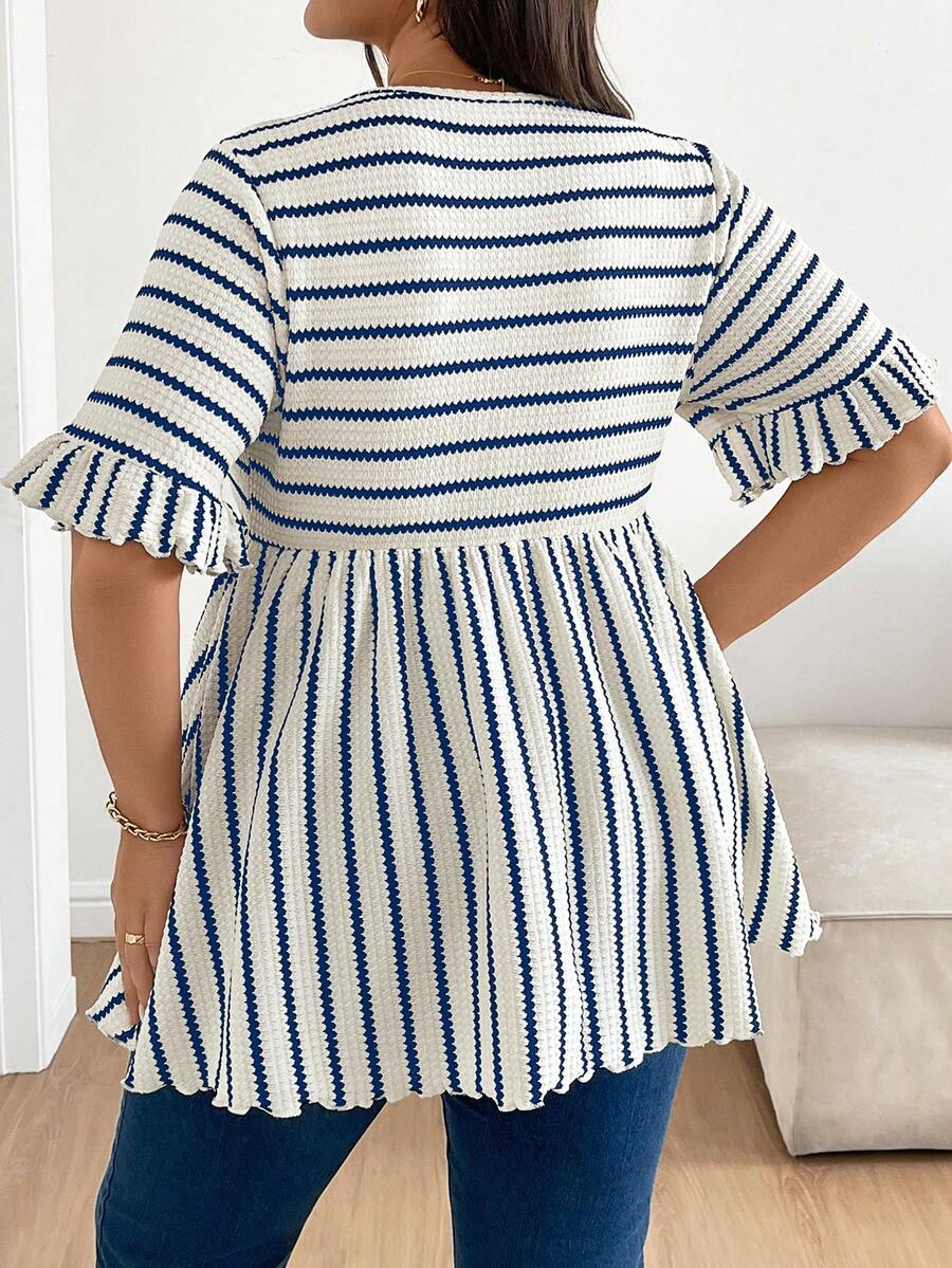 Plus Size Maternity Striped Top - Round Neck, Flounce Long Sleeve, Ruched, Loose Fit, Red and White