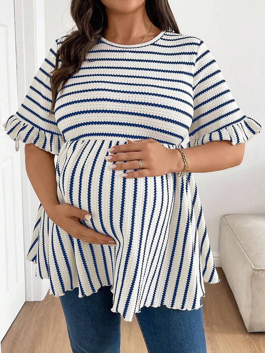 Plus Size Maternity Striped Top - Round Neck, Flounce Long Sleeve, Ruched, Loose Fit, Red and White