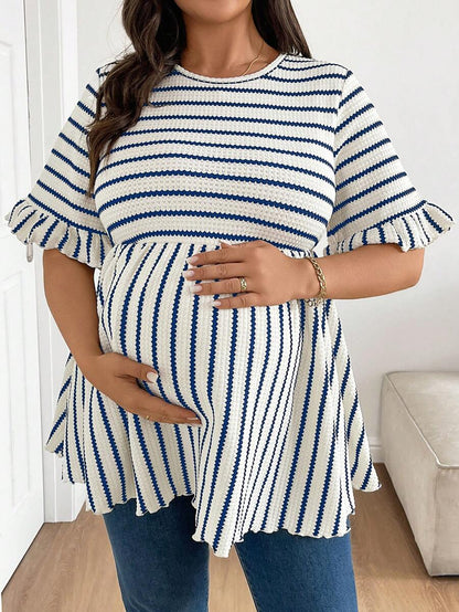 Plus Size Maternity Striped Top - Round Neck, Flounce Long Sleeve, Ruched, Loose Fit, Red and White