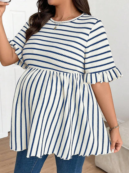Plus Size Maternity Striped Top - Round Neck, Flounce Long Sleeve, Ruched, Loose Fit, Red and White
