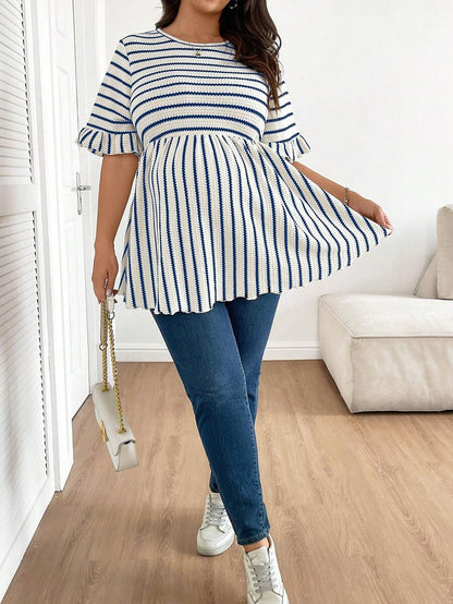 Plus Size Maternity Striped Top - Round Neck, Flounce Long Sleeve, Ruched, Loose Fit, Red and White