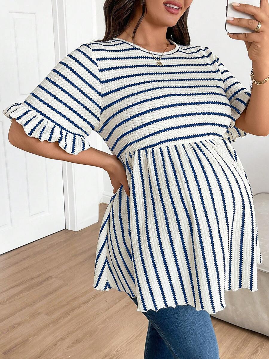 Plus Size Maternity Striped Top - Round Neck, Flounce Long Sleeve, Ruched, Loose Fit, Red and White
