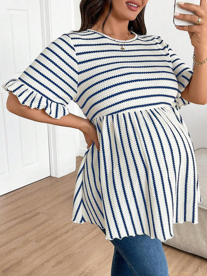 Plus Size Maternity Striped Top - Round Neck, Flounce Long Sleeve, Ruched, Loose Fit, Red and White
