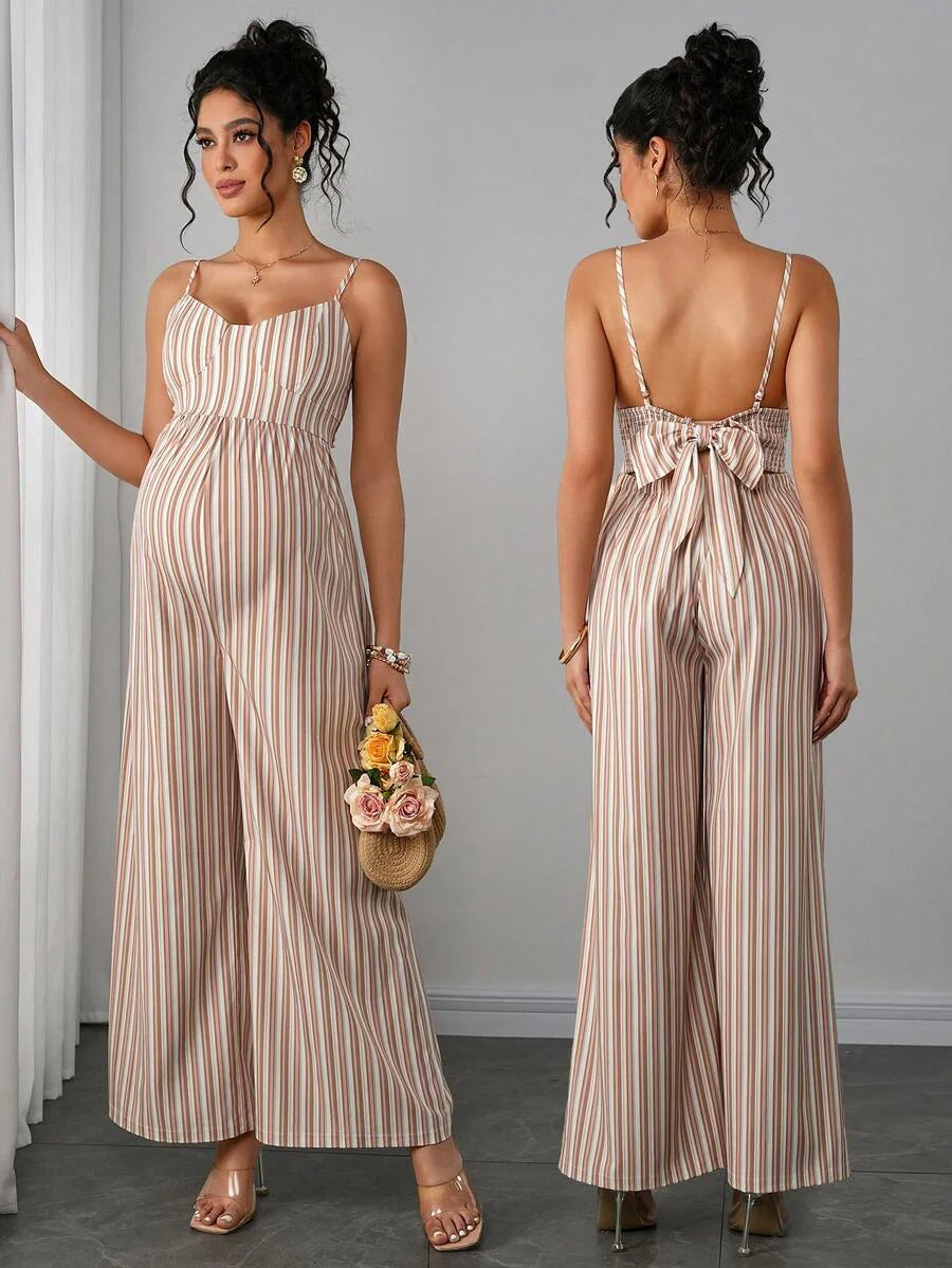 Maternity Striped Cami Jumpsuit - Spaghetti Strap, Wide Leg, Loose Fit, Cropped, Blue