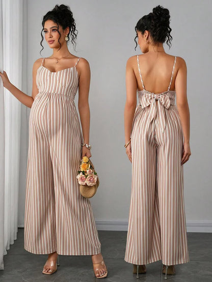 Maternity Striped Cami Jumpsuit - Spaghetti Strap, Wide Leg, Loose Fit, Cropped, Blue