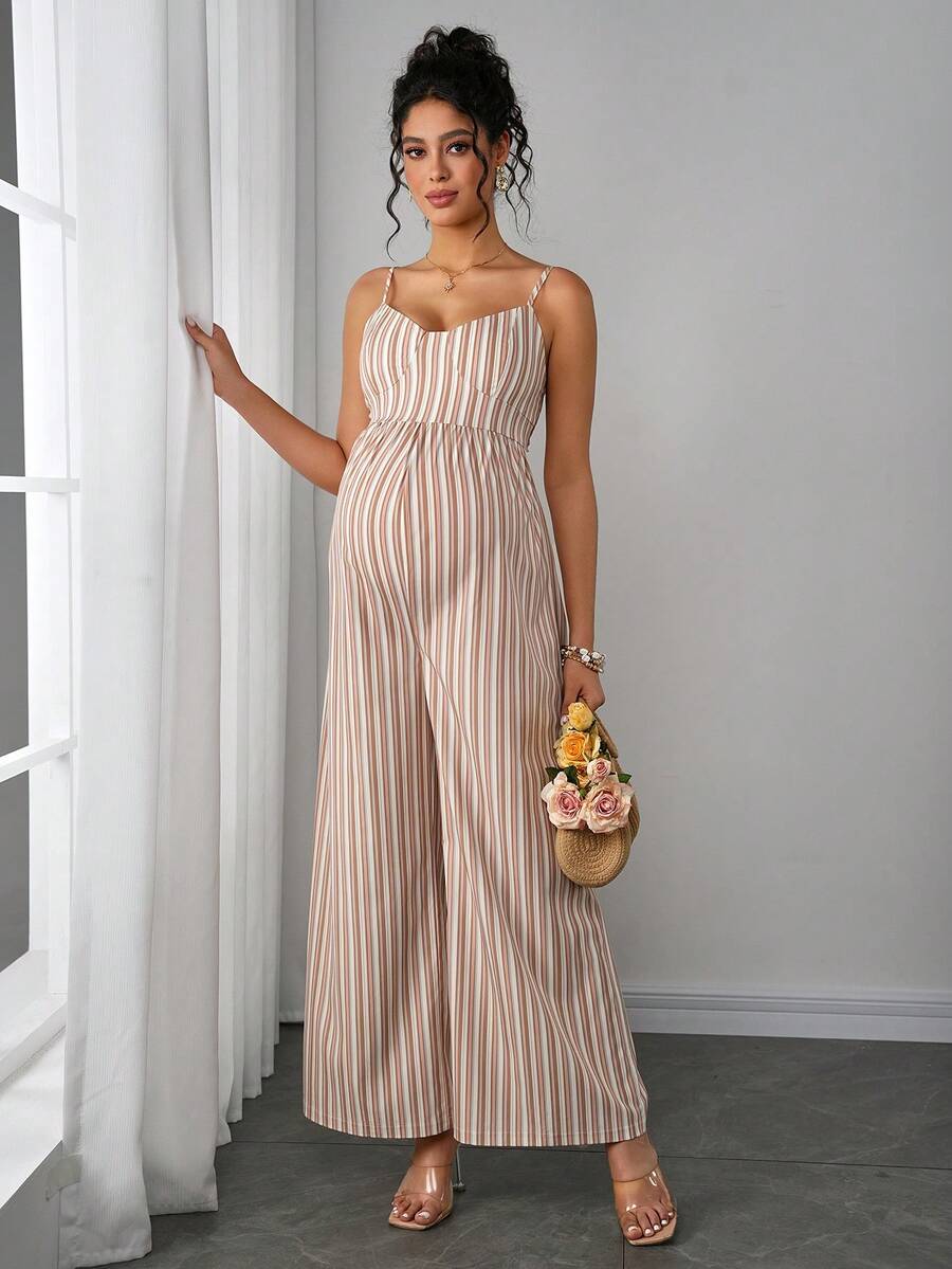 Maternity Striped Cami Jumpsuit - Spaghetti Strap, Wide Leg, Loose Fit, Cropped, Blue