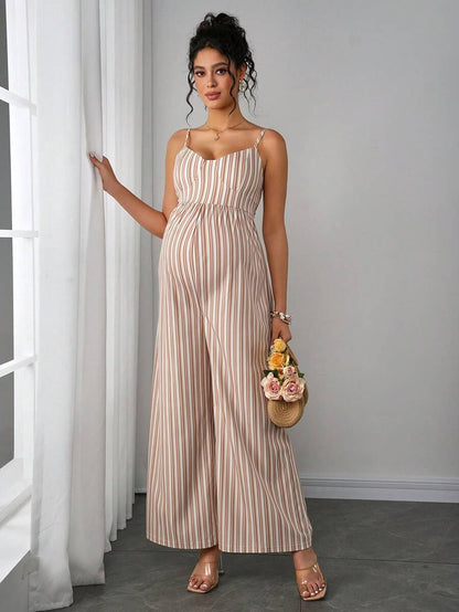 Maternity Striped Cami Jumpsuit - Spaghetti Strap, Wide Leg, Loose Fit, Cropped, Blue